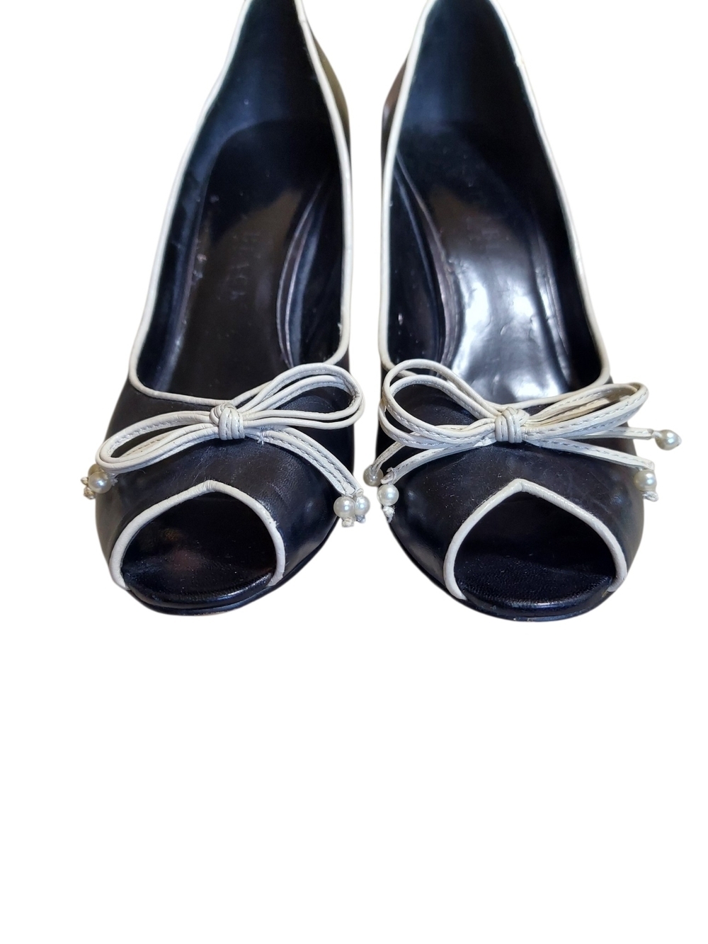 WHBM Black Cream Peep-Toe Tuxedo Pumps with Cream Pearl Bow Trim - Picture 8 of 10
